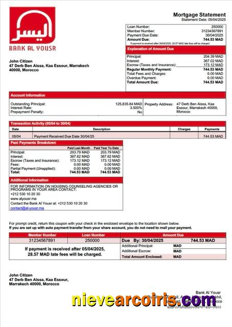 Morocco Bank Al Yousr mortgage statement Word and PDF template